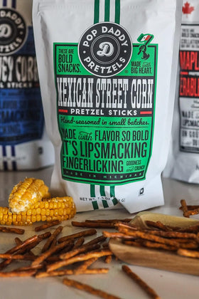 Pop Daddy Flavored Pretzels Sticks Mexican Street Corn pack showing bold carnival-inspired flavor.
