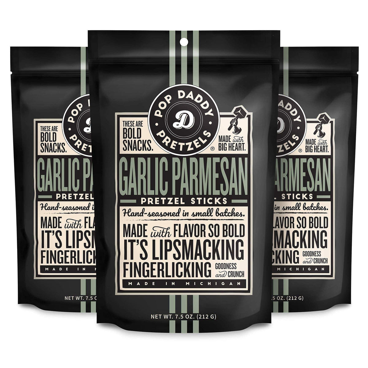 Pop Daddy Garlic Parmesan pretzel sticks in a 3-pack, ideal for on-the-go snacking.