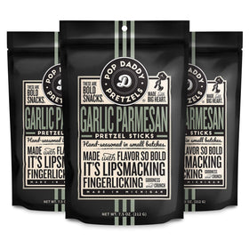 Pop Daddy Garlic Parmesan pretzel sticks in a 3-pack, ideal for on-the-go snacking.