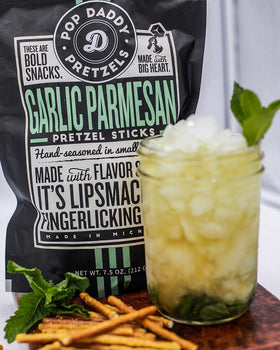 Gourmet snack packaging for Pop Daddy Garlic Parmesan pretzels.