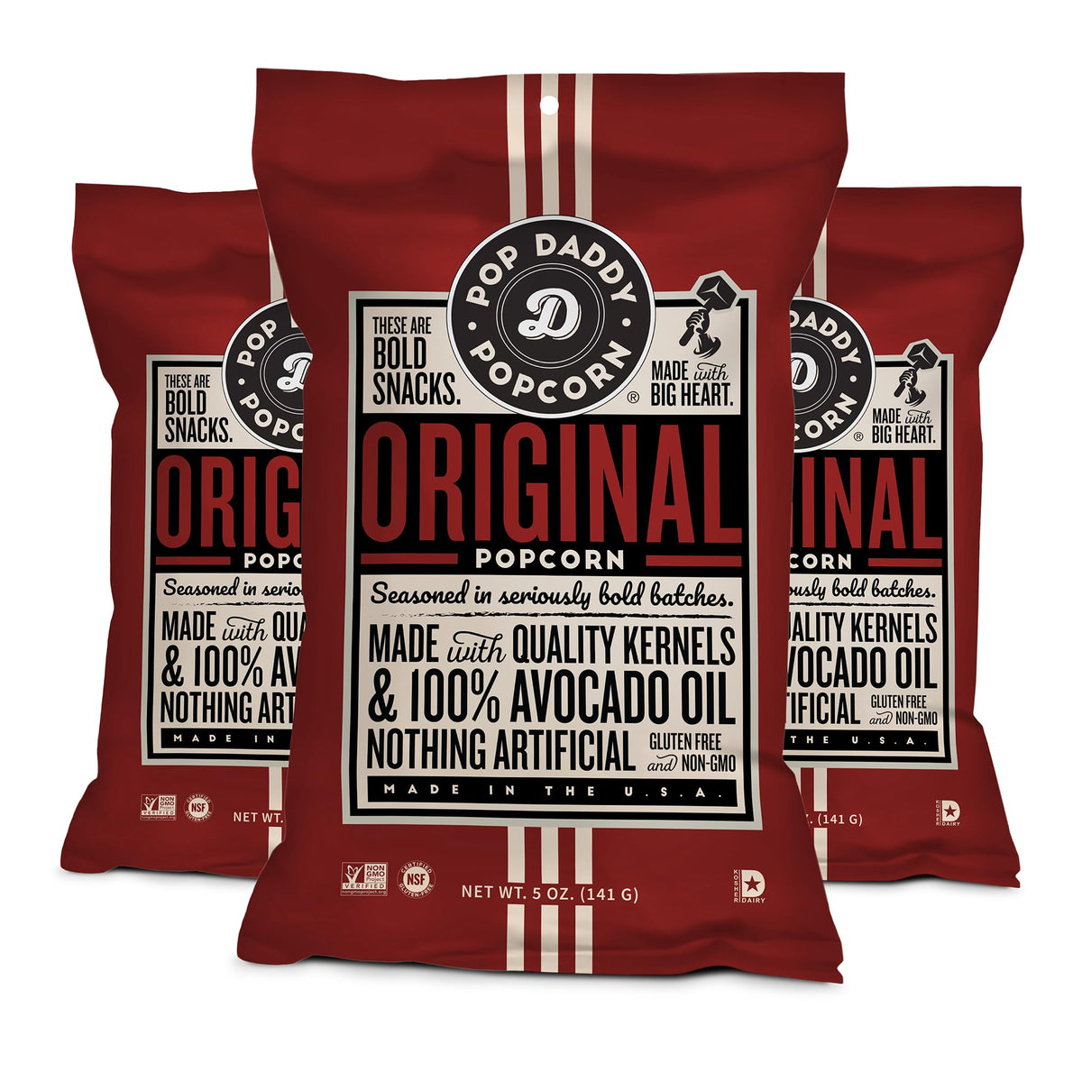 Pop Daddy Original Flavored Popcorn bag front delivers classic crunch with simple, craveable seasoning.