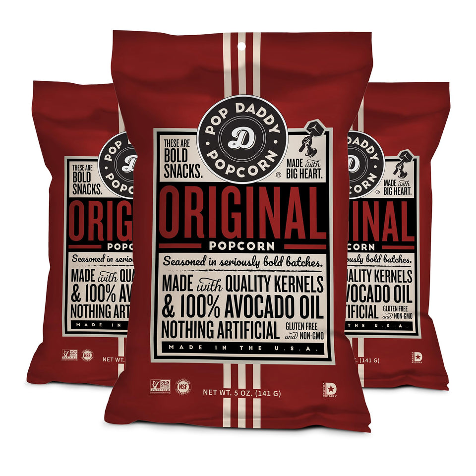Pop Daddy Original Flavored Popcorn bag front delivers classic crunch with simple, craveable seasoning.
