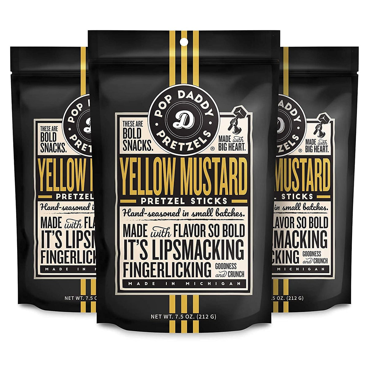Pop Daddy Yellow Mustard pretzel sticks in packaging for easy, on-the-go snacking.