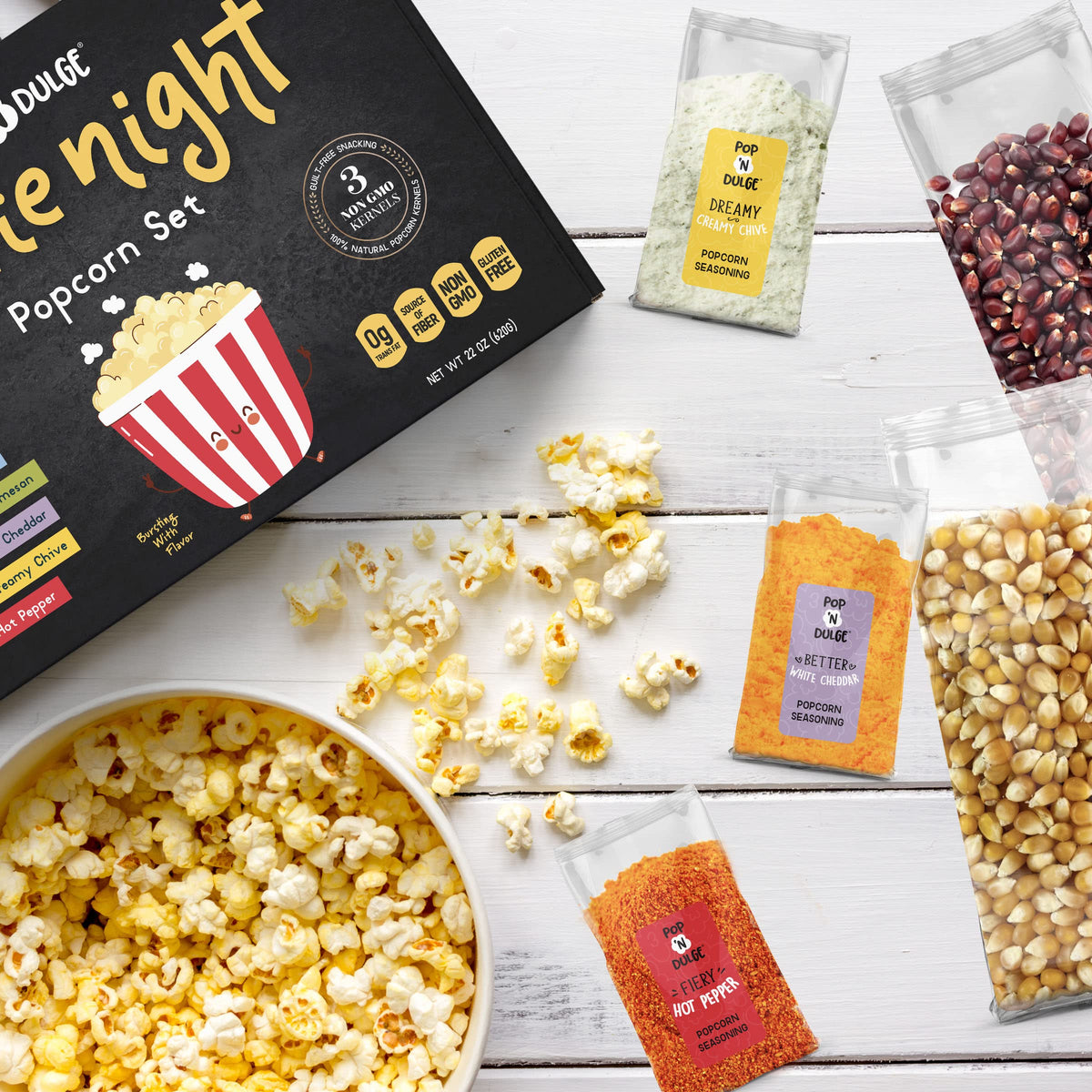 Pop n' Dulge Garlic Parmesan seasoning, bold, cheesy finish.