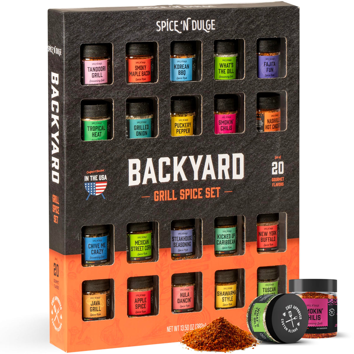 Pop n' Dulge grilling spice set collection of 20 jars for versatile BBQ flavor ideas.