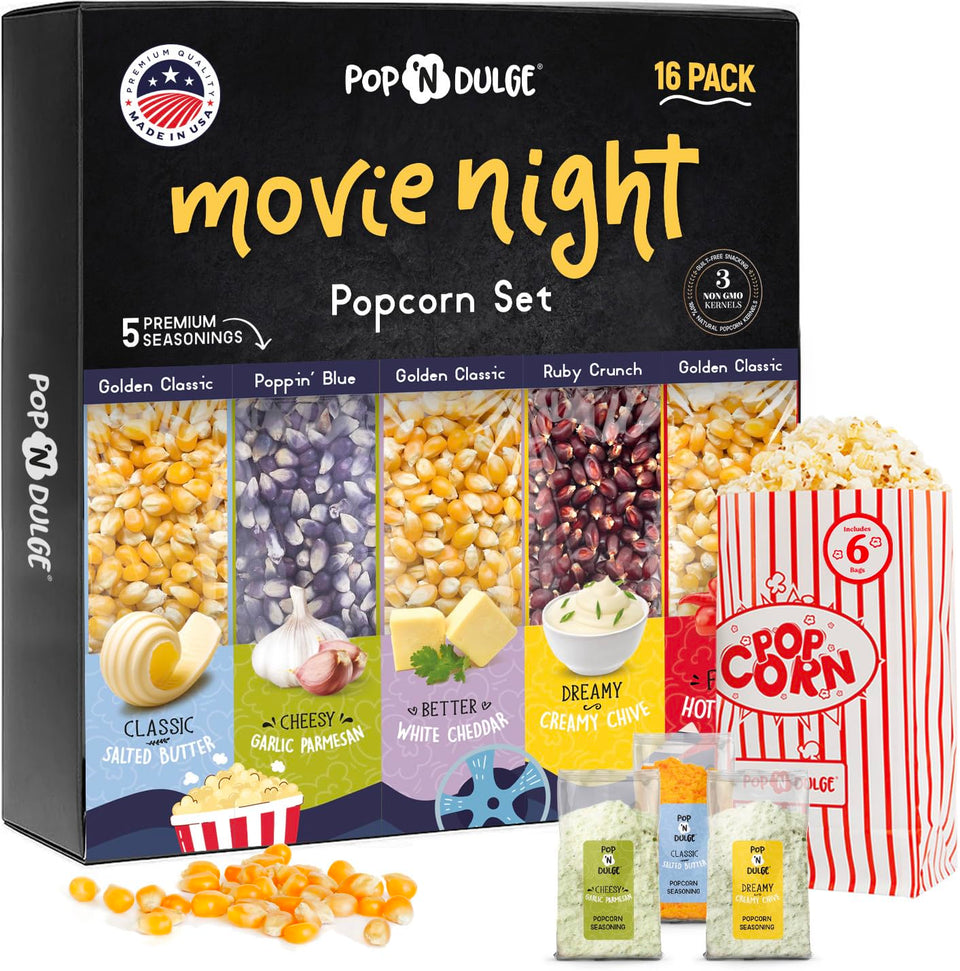 Pop n' Dulge popcorn gift set packaging, ready for gifting and cozy movie nights.