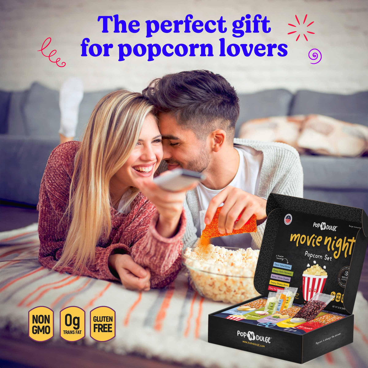 Pop n' Dulge Ruby Crunch kernel bag, vibrant color and theater-style snacking.