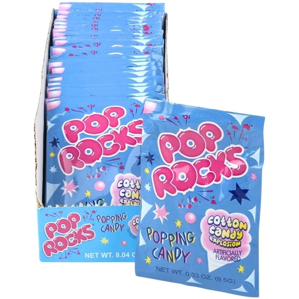 Pop Rocks cotton candy pack front displays 24-count box, ideal party snack.