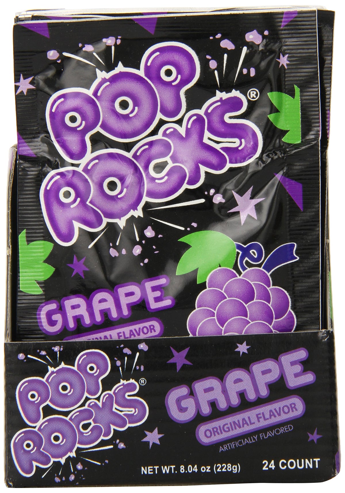 Close-up of Pop Rocks Grape candy, showcasing popping texture.