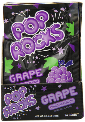 Close-up of Pop Rocks Grape candy, showcasing popping texture.