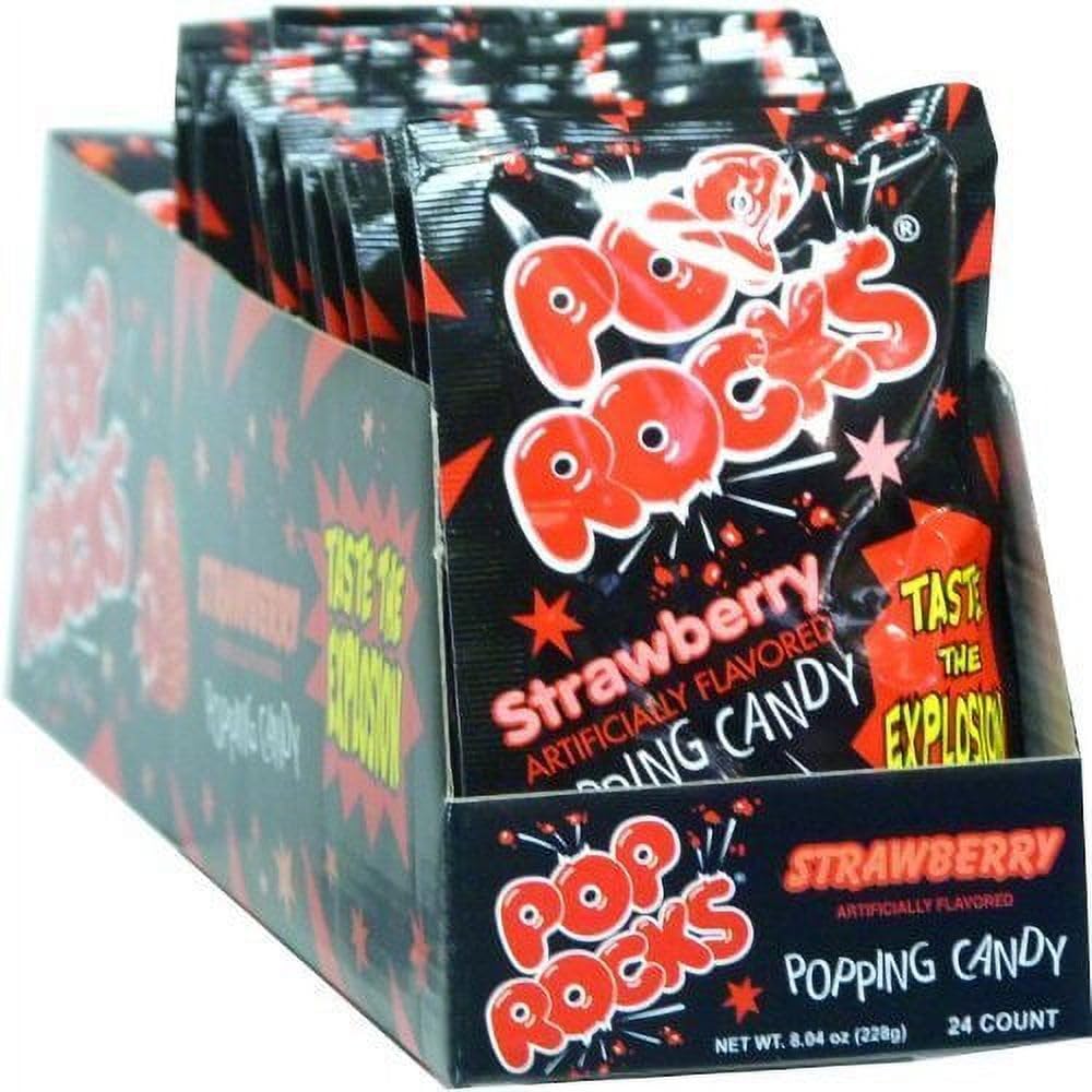 Pop Rocks Strawberry candy close-up reveals sparkling texture and vivid color.