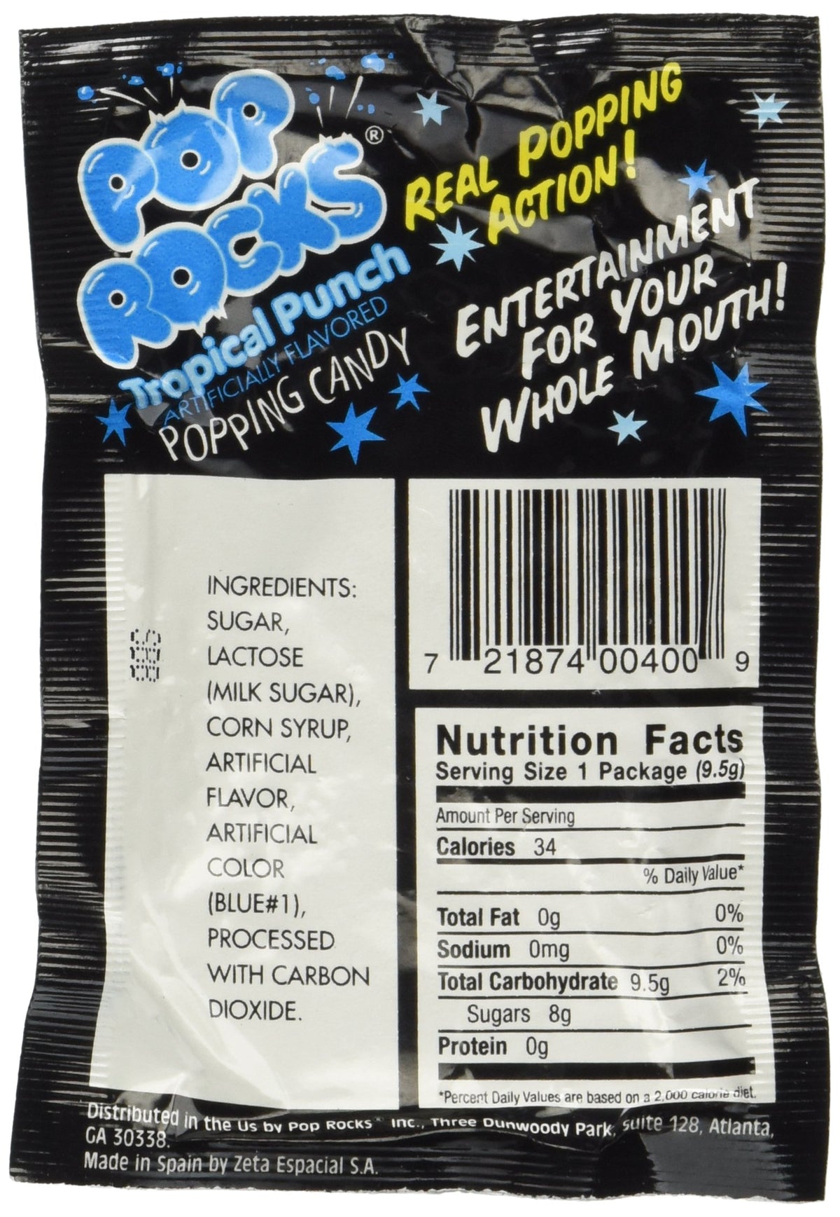 Pop Rocks Tropical Fruit Punch pack back with flavor notes and serving ideas.