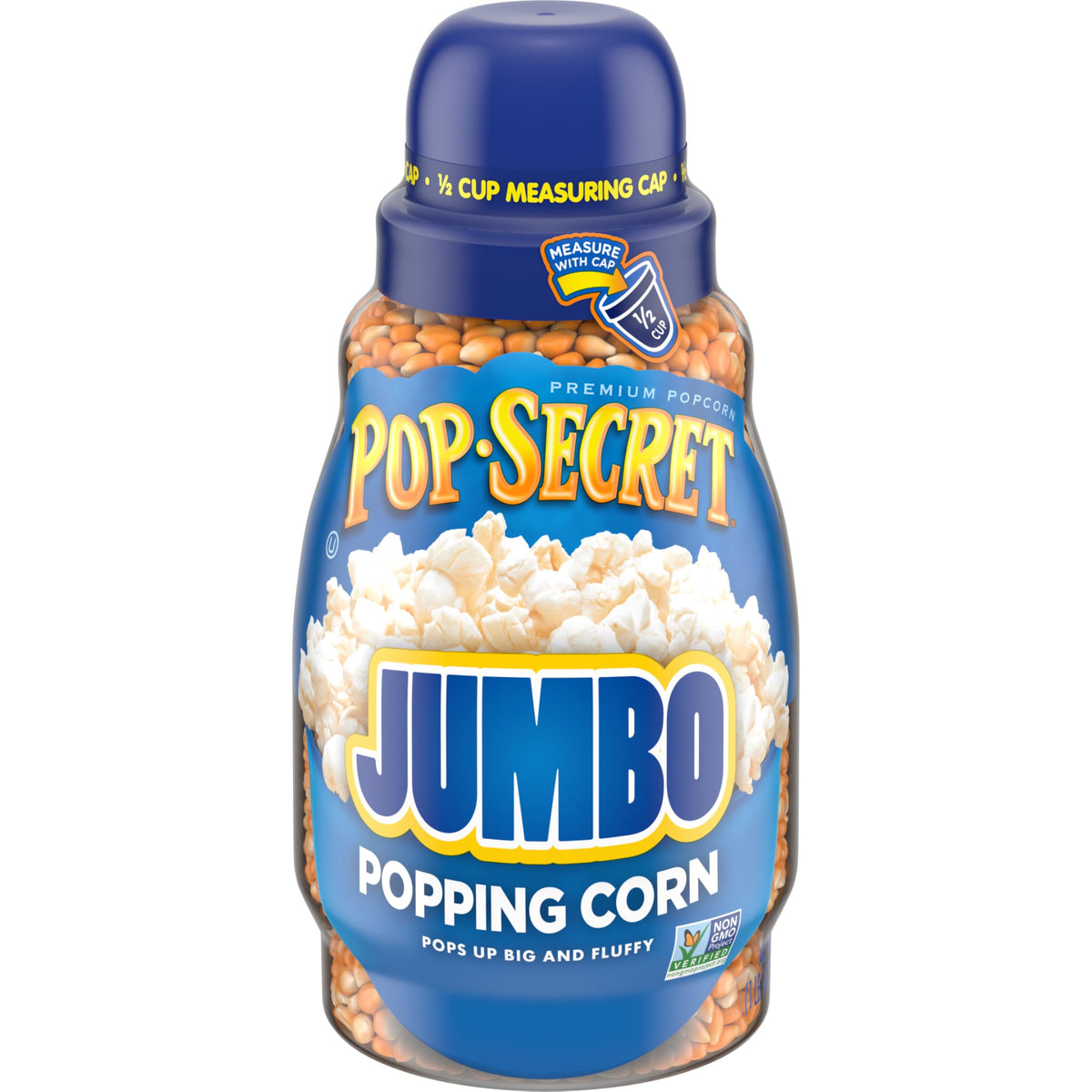 Pop Secret Jumbo Popcorn Kernels jar label shows size and brand for easy pantry planning.