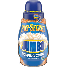 Pop Secret Jumbo Popcorn Kernels jar label shows size and brand for easy pantry planning.