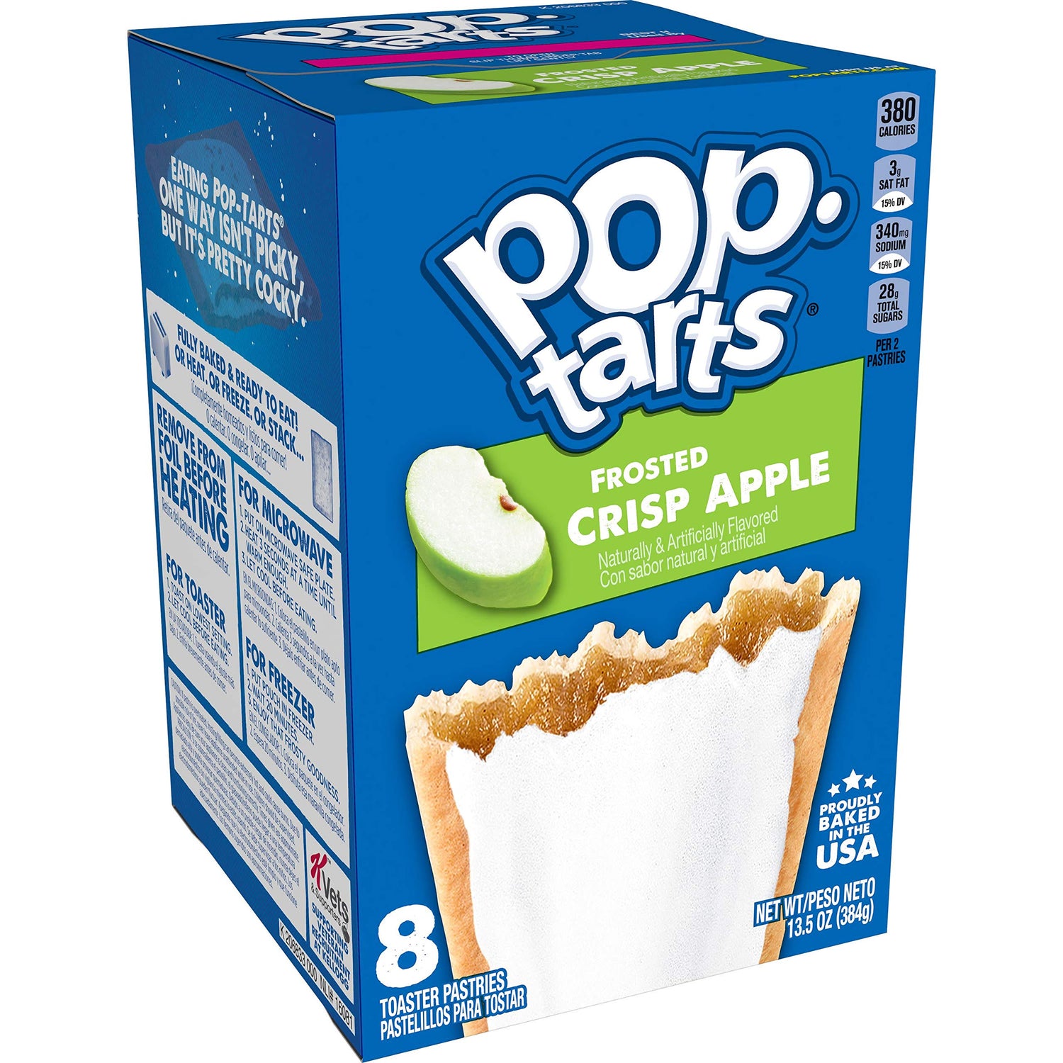 Pop-Tarts Frosted Crisp Apple box front, eight pastries ready for quick breakfast