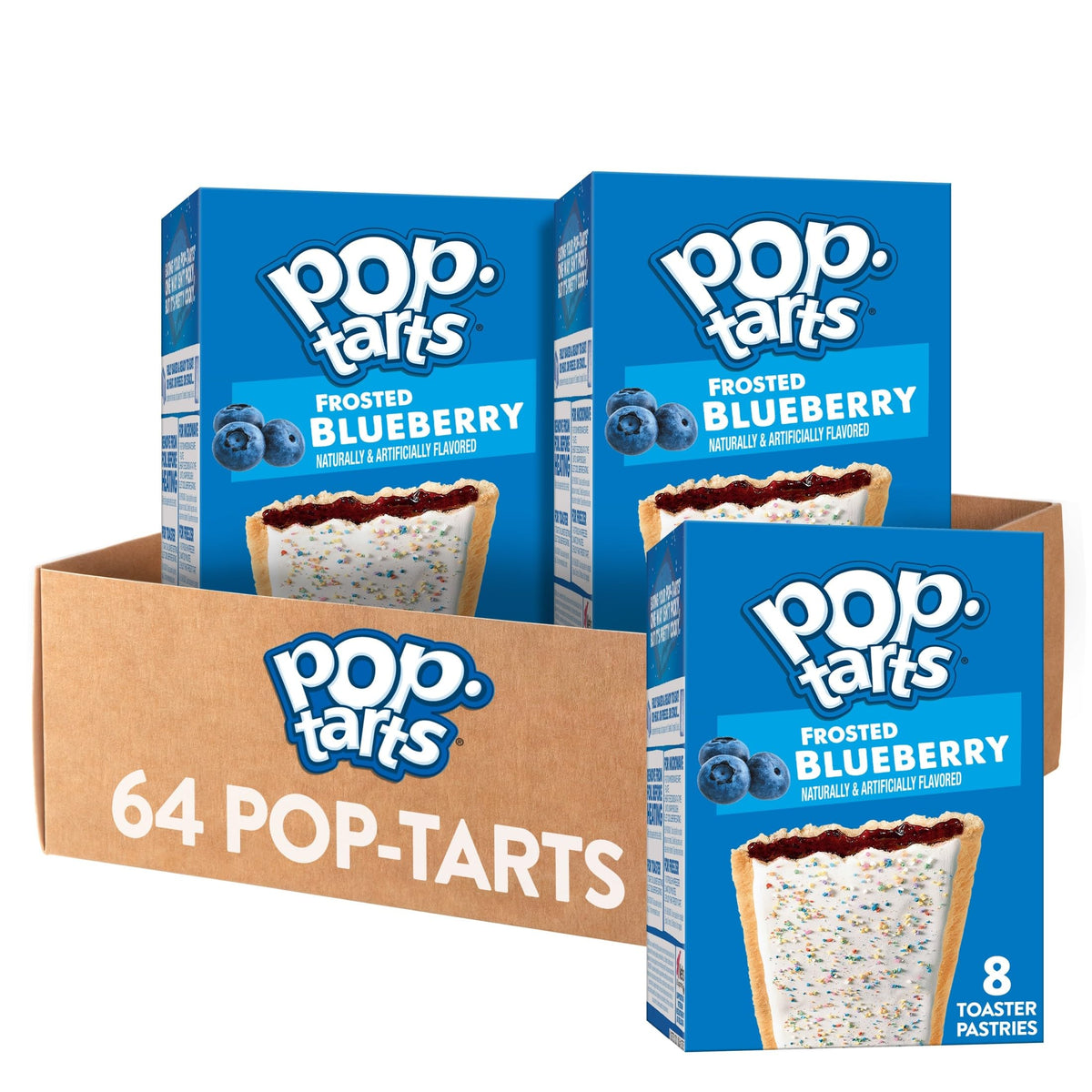 Pop-Tarts Frosted Blueberry toaster pastries in a 64-count box for quick breakfasts.