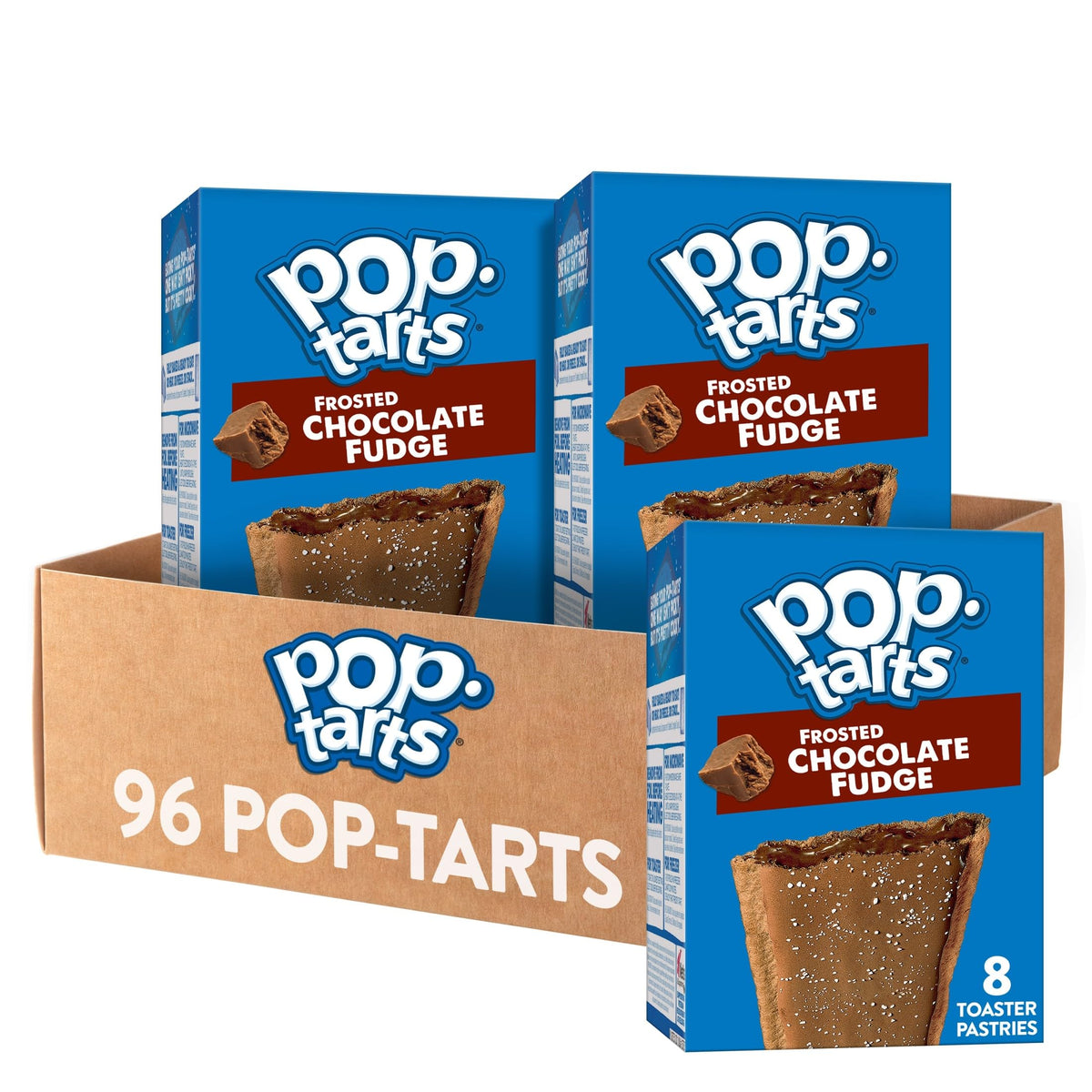 Pop-Tarts Frosted Chocolate Fudge box on shelf, convenient breakfast option.