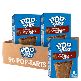 Pop-Tarts Frosted Chocolate Fudge box on shelf, convenient breakfast option.