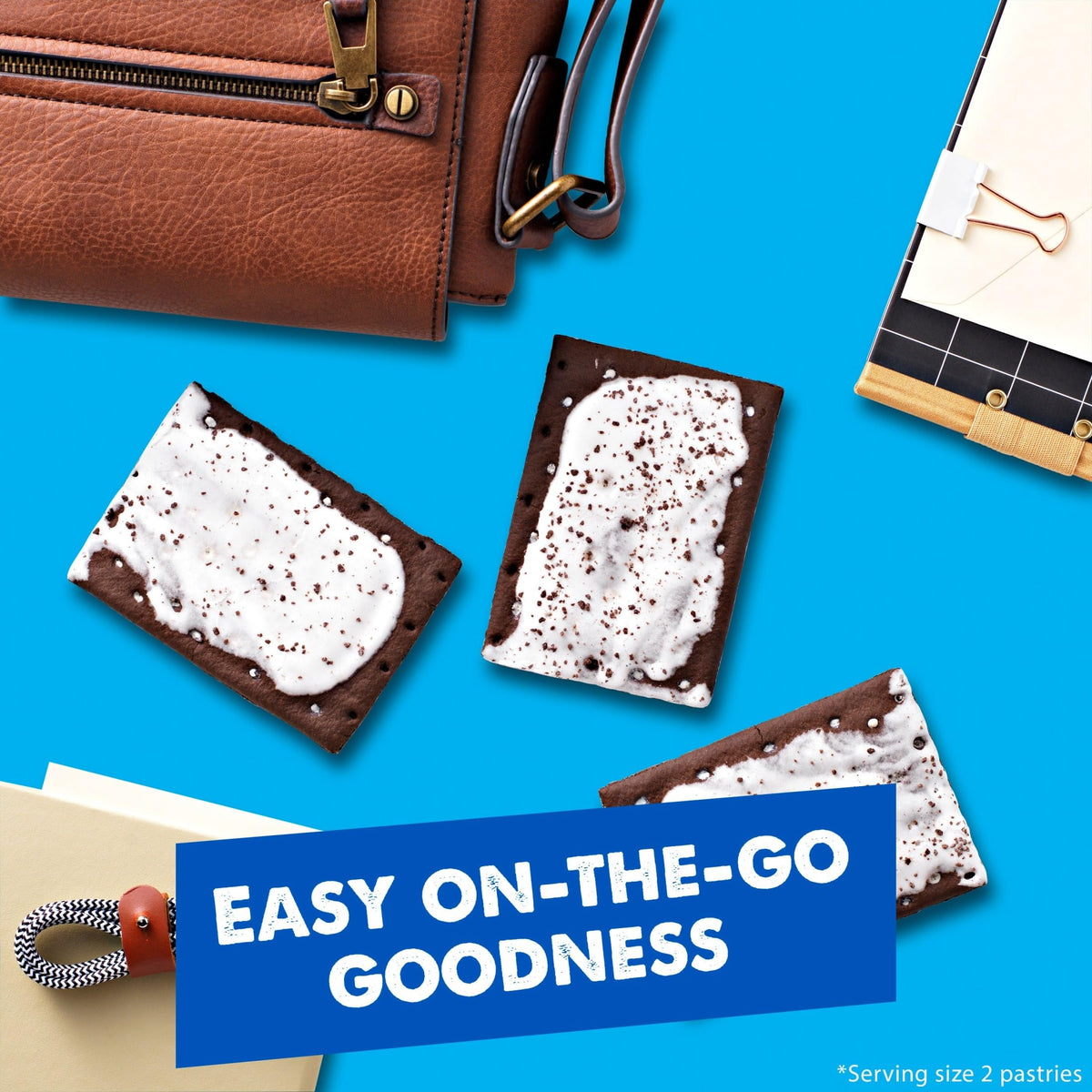 Pop-Tarts Frosted Cookies and Creme at the desk with milk for a quick pick-me-up