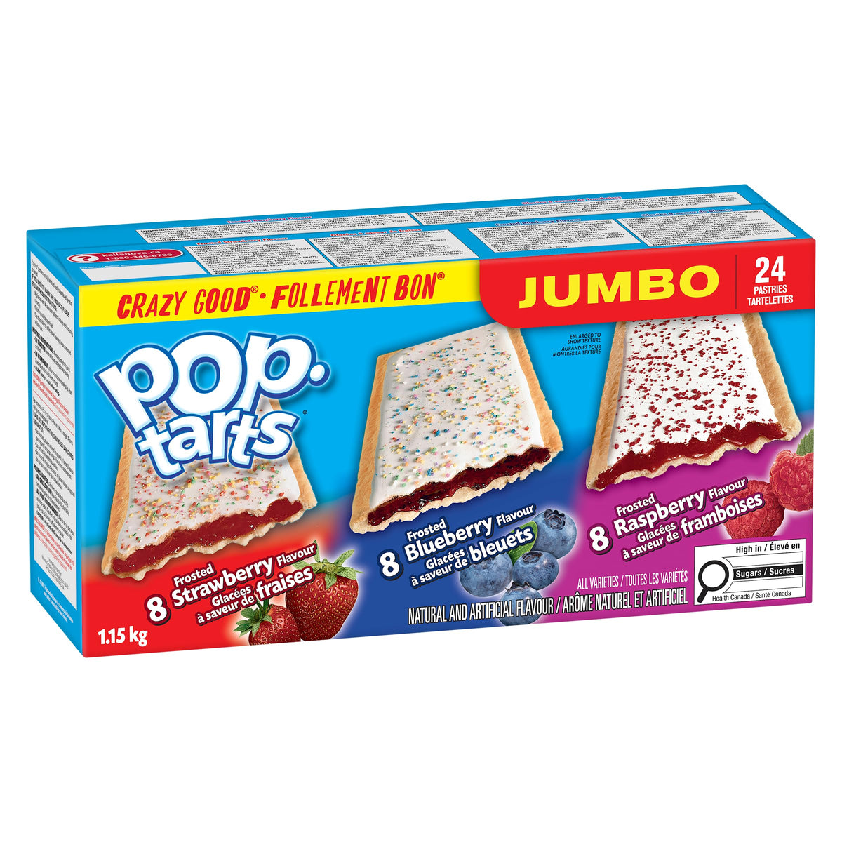 Kellogg's Pop-Tarts Jumbo 24-count varieties close-up highlighting fruity fillings for snacks
