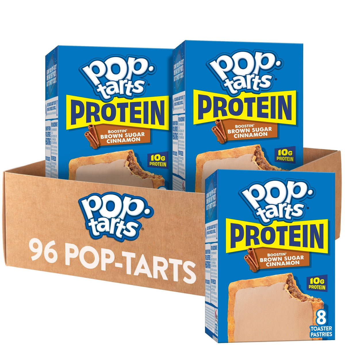 Pop-Tarts Protein Boostin' Brown Sugar Cinnamon box shows a protein-powered breakfast option.