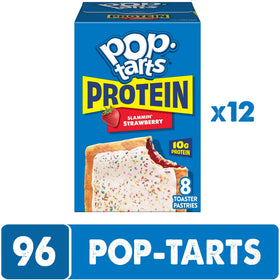 Pop-Tarts Protein Slammin' Strawberry frosting with colorful sprinkles, a fun breakfast treat.