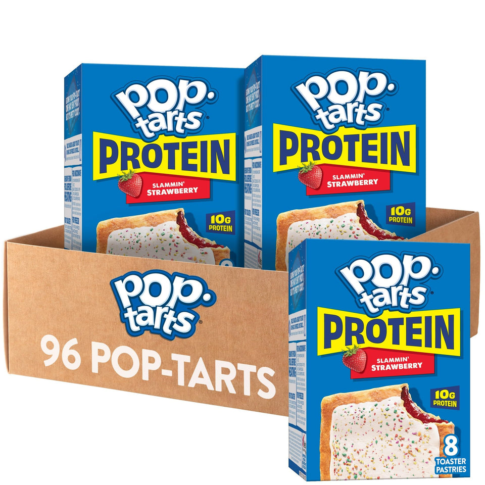 Pop-Tarts Protein Slammin' Strawberry toaster pastry with frosting and sprinkles, a protein-friendly breakfast.