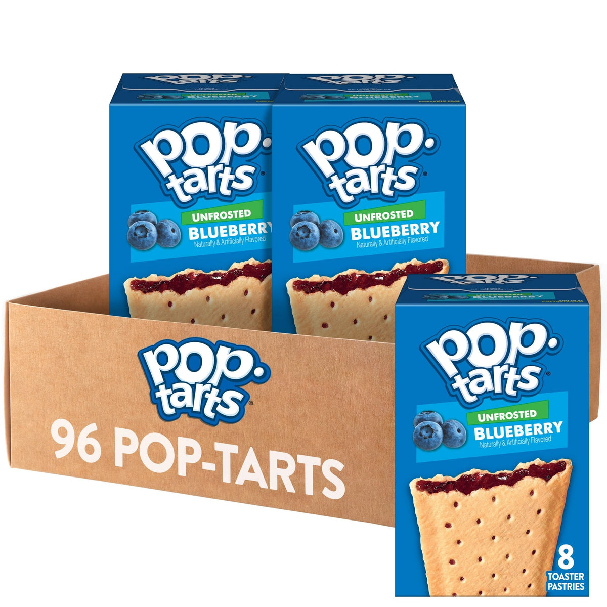 Pop-Tarts Unfrosted Blueberry packaging shows the 96-count case for family snack planning.
