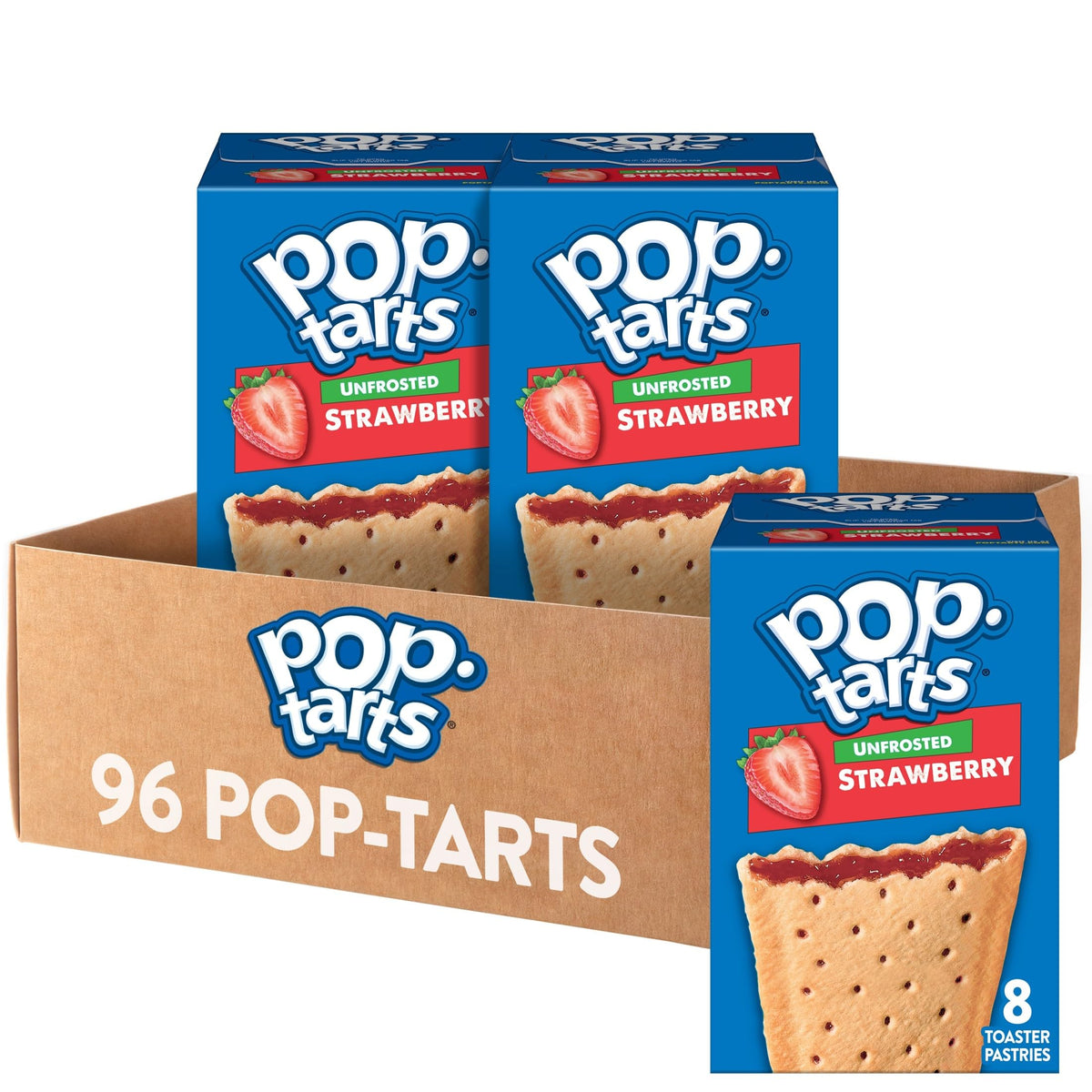 Pop-Tarts Unfrosted Strawberry box front, quick breakfast option for busy mornings.