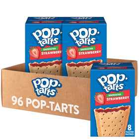 Pop-Tarts Unfrosted Strawberry box front, quick breakfast option for busy mornings.