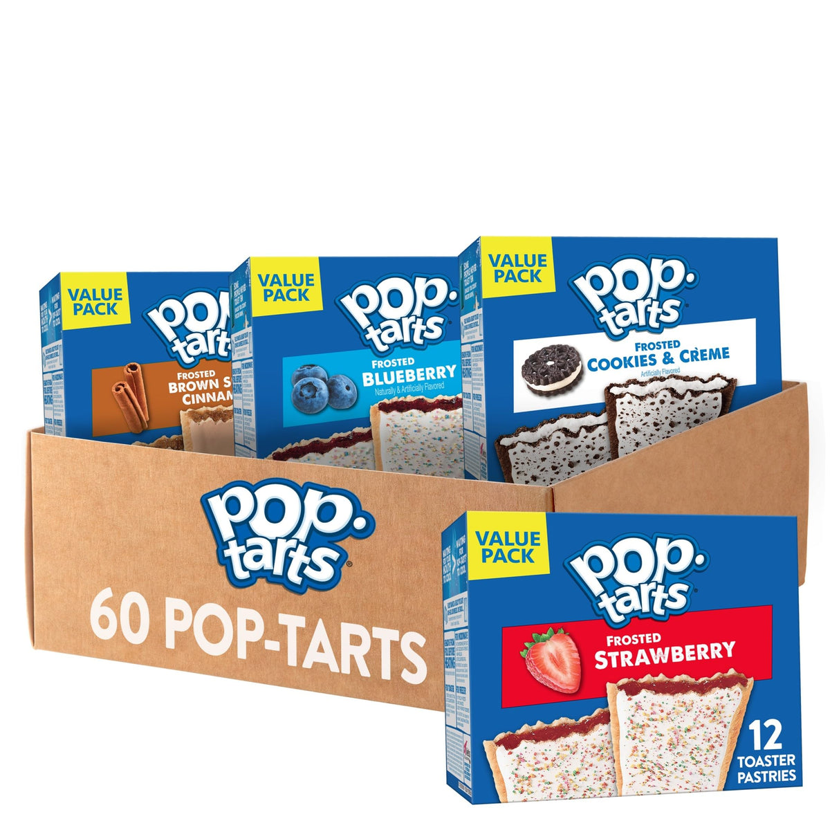 Pop-Tarts variety pack boxes on pantry shelf for quick breakfasts.
