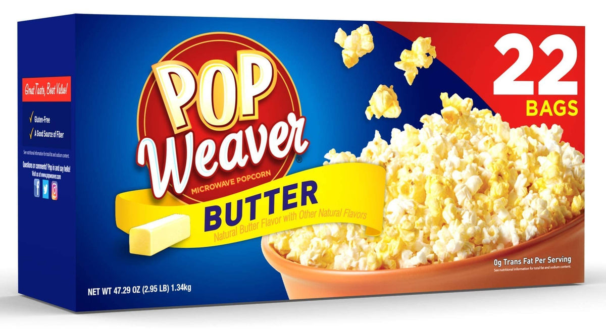 Pop Weaver Butter Popcorn bag shows rich flavor for quick snacking