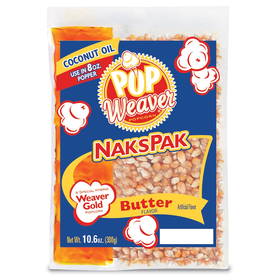 Pop Weaver Naks Pak butter-flavored oil and popcorn pack for theater-style popping in 8oz kettles