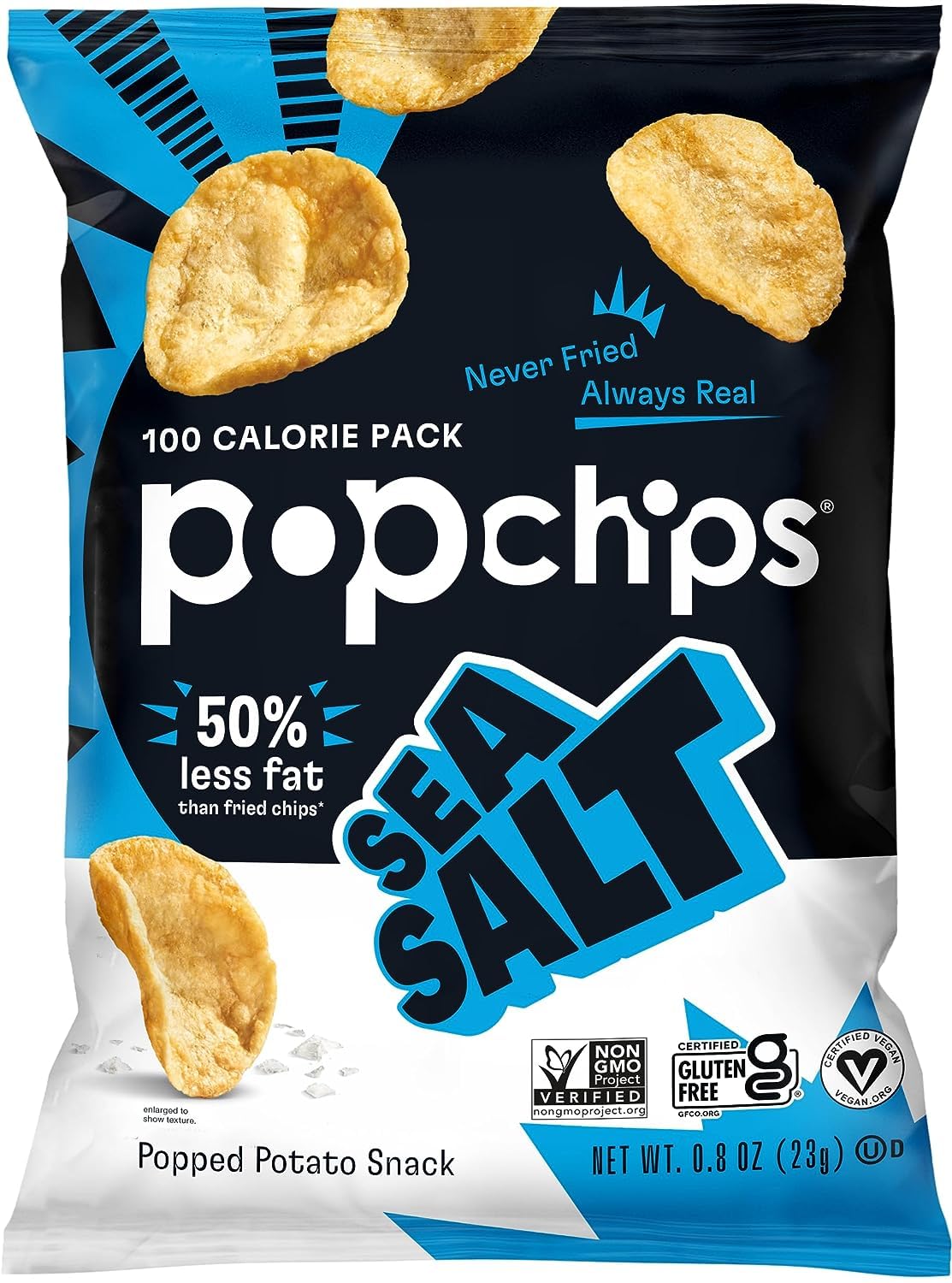 Close-up of Popchips Sea Salt chips showing airy texture and savory taste.