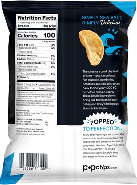 Popchips Sea Salt 24-pack displays portable snack option for travel and lunch boxes.