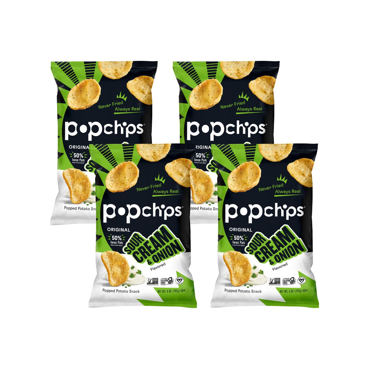Popchips Sour Cream & Onion bags close-up, crispy texture for on-the-go snacking.
