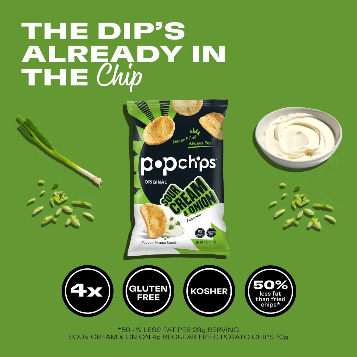 Popchips Sour Cream & Onion close-up, airy crunch showcased.