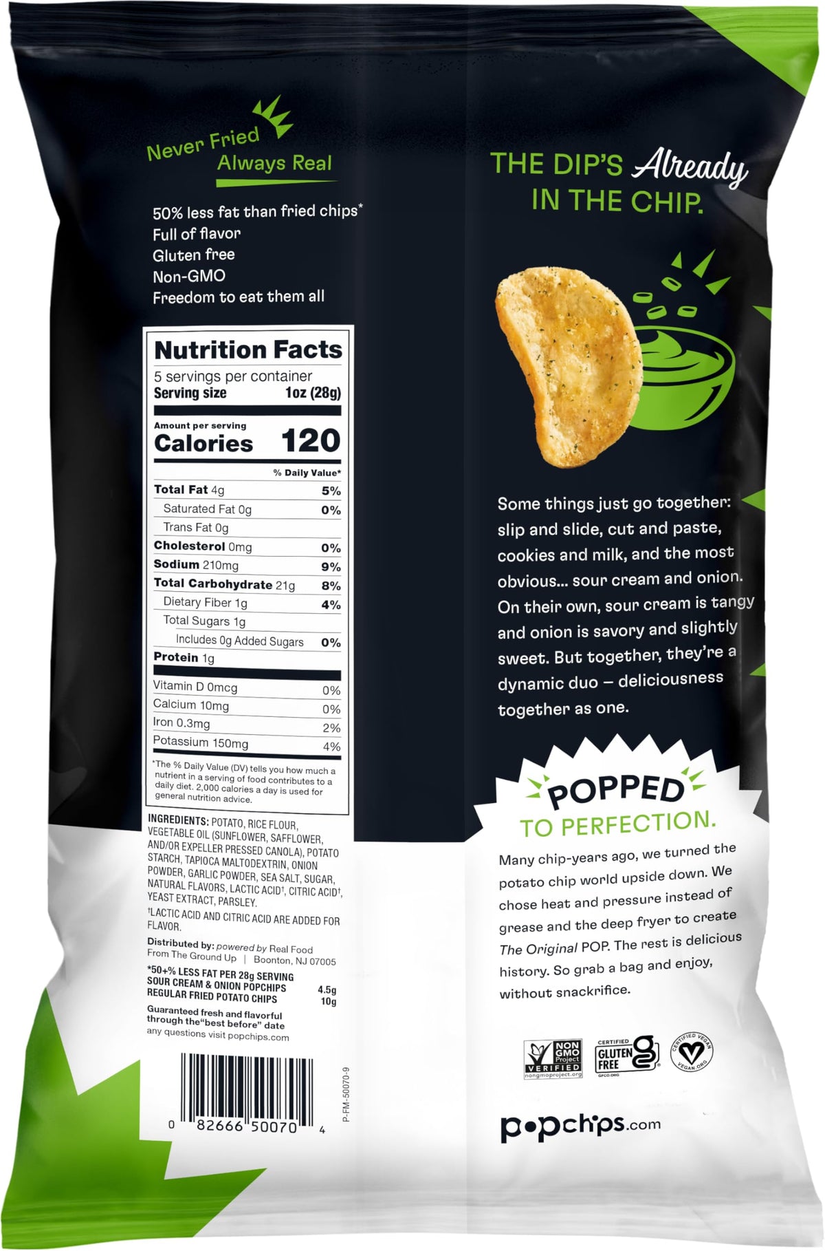 Popchips Sour Cream & Onion snack in hand, light and satisfying crunch.