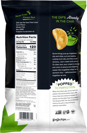 Popchips Sour Cream & Onion snack in hand, light and satisfying crunch.