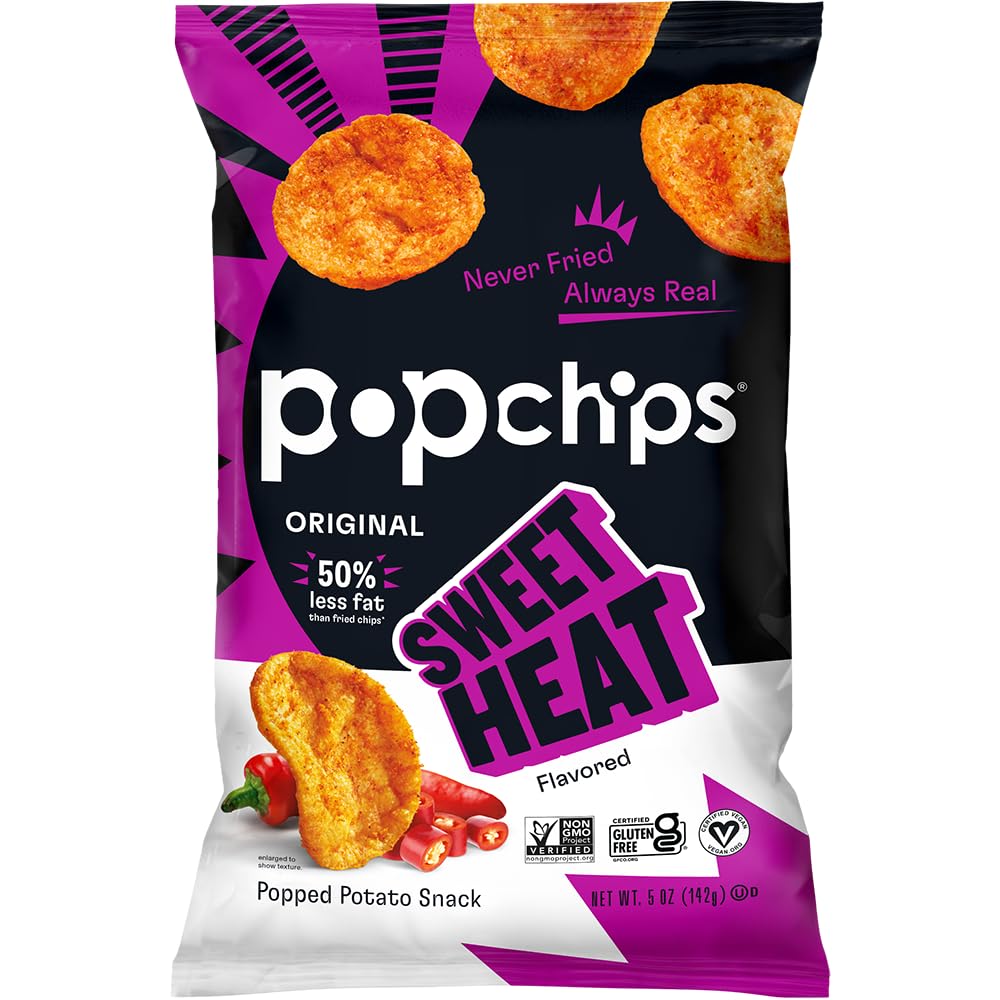 Popchips Sweet Heat share bag showing gluten-free, non-GMO crunch.