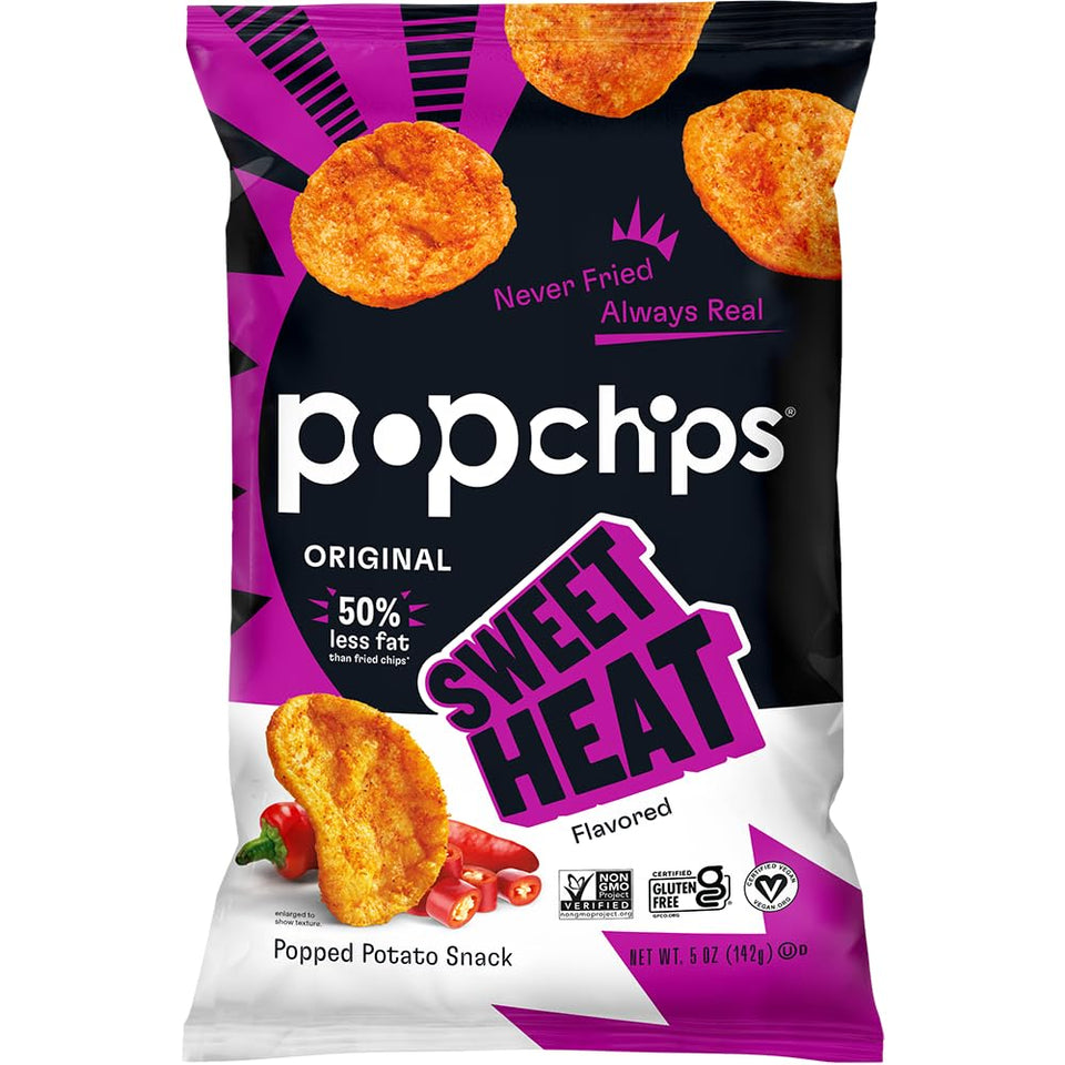 Popchips Sweet Heat share bag showing gluten-free, non-GMO crunch.