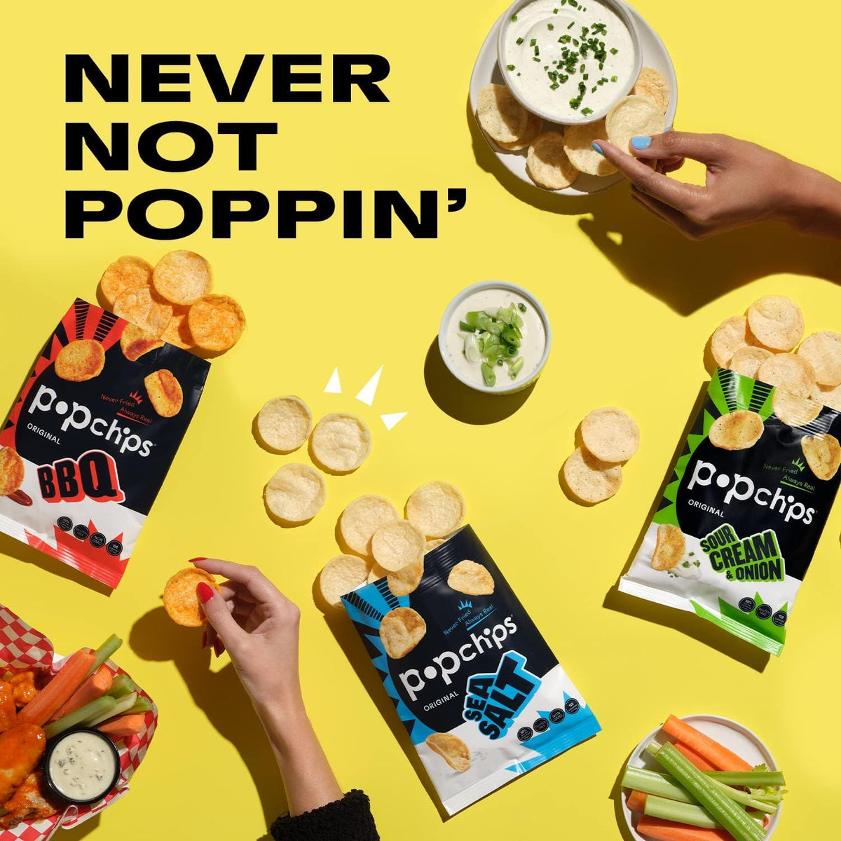 Popchips variety pack close-up, clear ingredients for mindful snacking