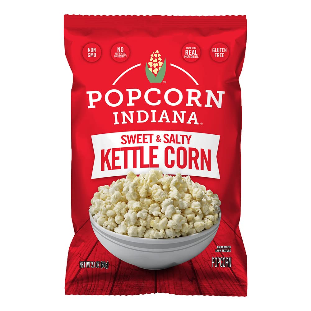 Popcorn Indiana Kettle Corn bags front view for on-the-go snacking.