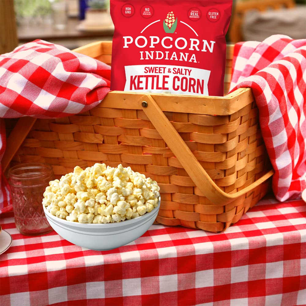 Popcorn Indiana Kettle Corn king-size caddy with six bags, ideal for stockpiling snacks.