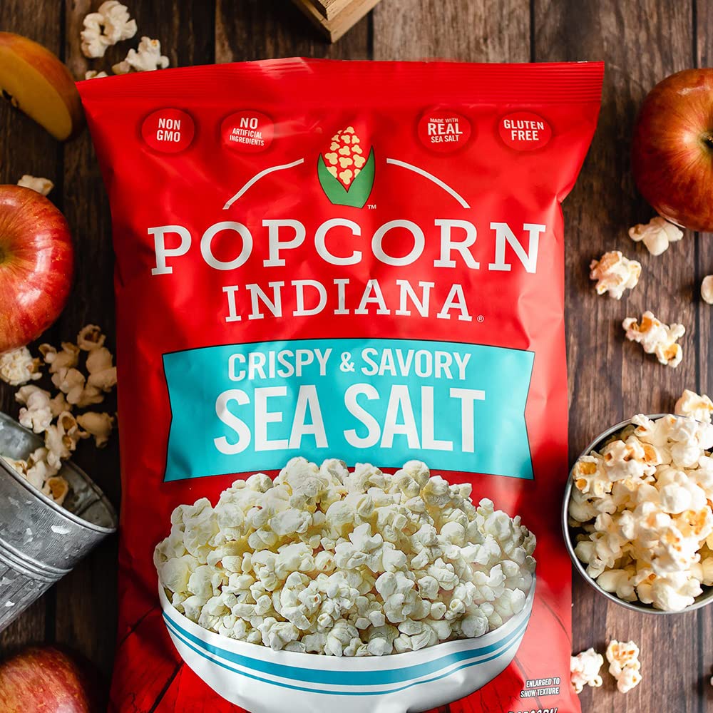 Close-up of Popcorn Indiana Sea Salt Popcorn showing simple ingredients.