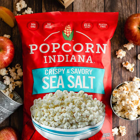 Close-up of Popcorn Indiana Sea Salt Popcorn showing simple ingredients.