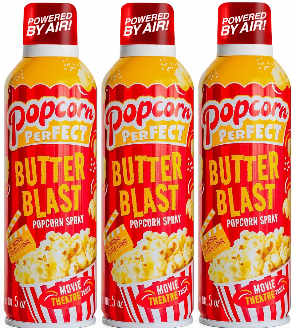 Popcorn Perfect butter spray bottle pour for even kernel coating.