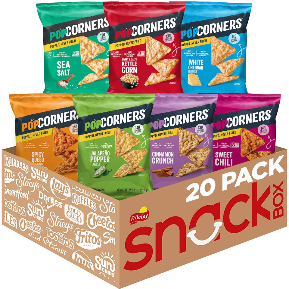 PopCorners 7-flavor pack front view for versatile on-the-go snacking.