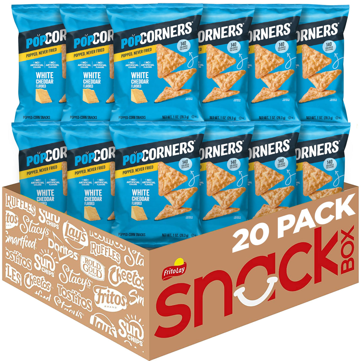 PopCorners White Cheddar 1oz pack front, a convenient on-the-go snack for busy days.