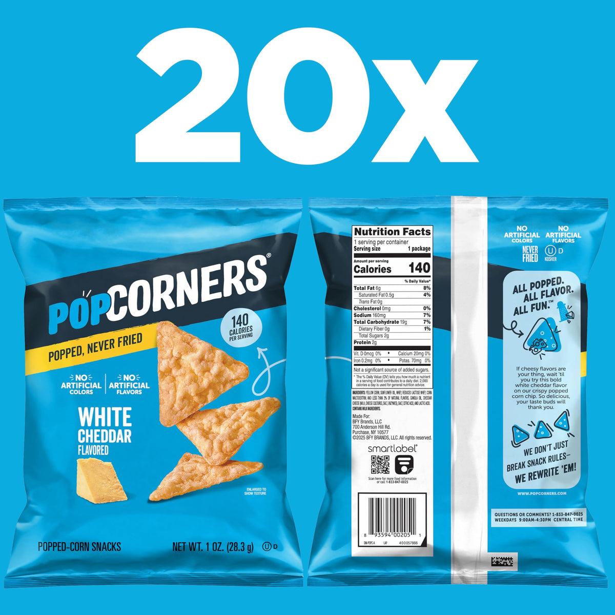 PopCorners White Cheddar snack packs 20-count stacked, ideal for lunchboxes and quick cravings.